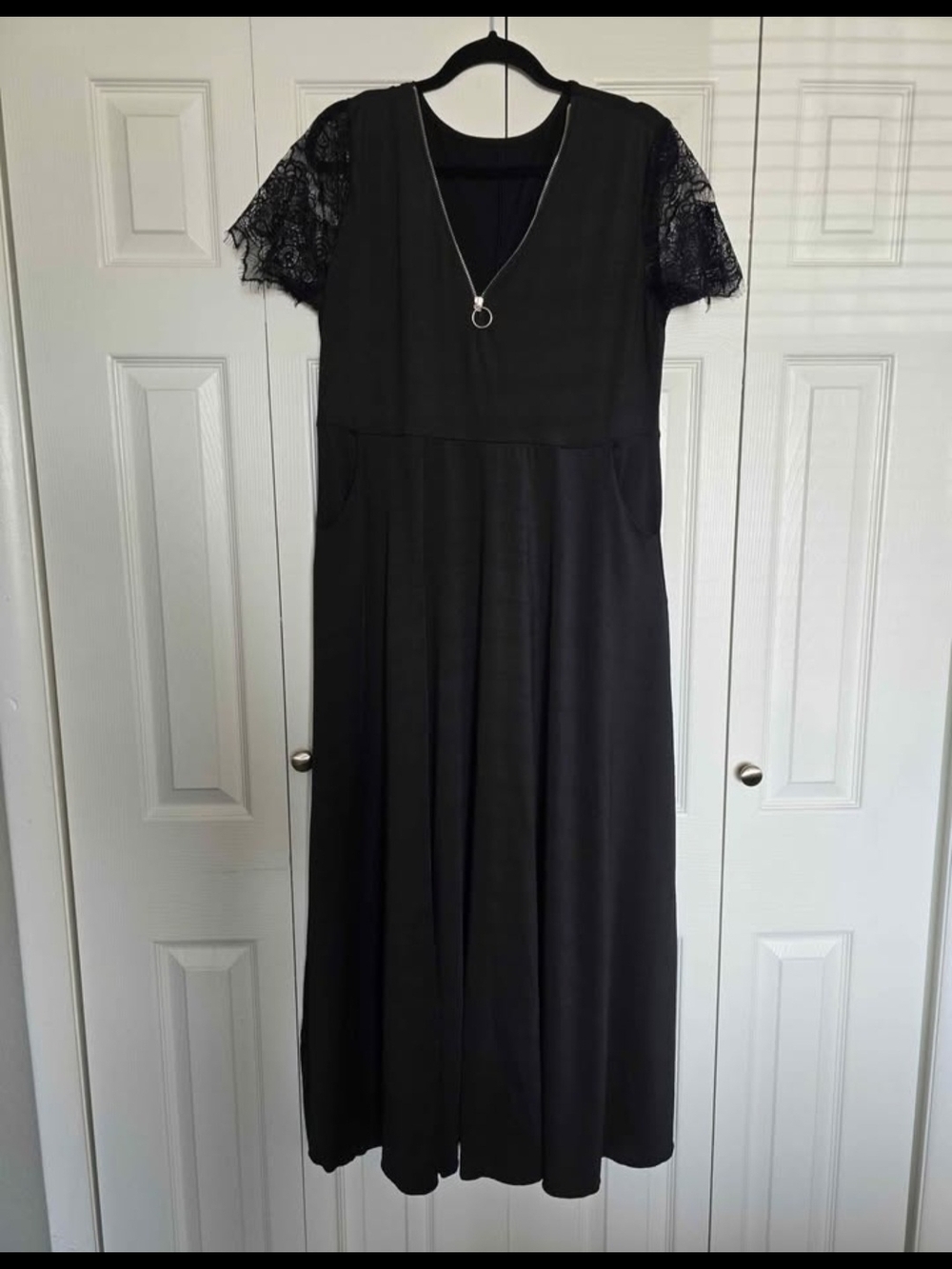 Black Lace-Sleeve Maxi Dress with V-Neck